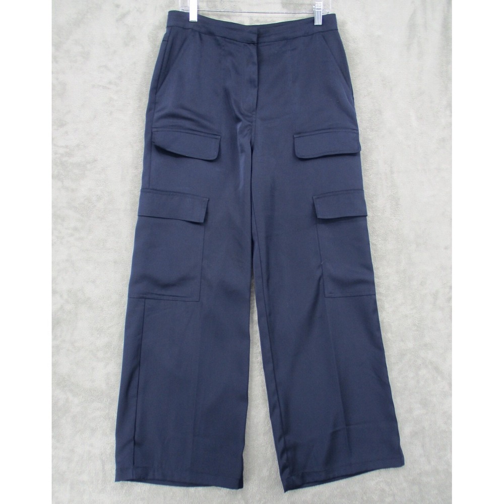 Skies Are Blue Pants Womens Size M Navy Cargo Pockets Wide Leg Satin Utility